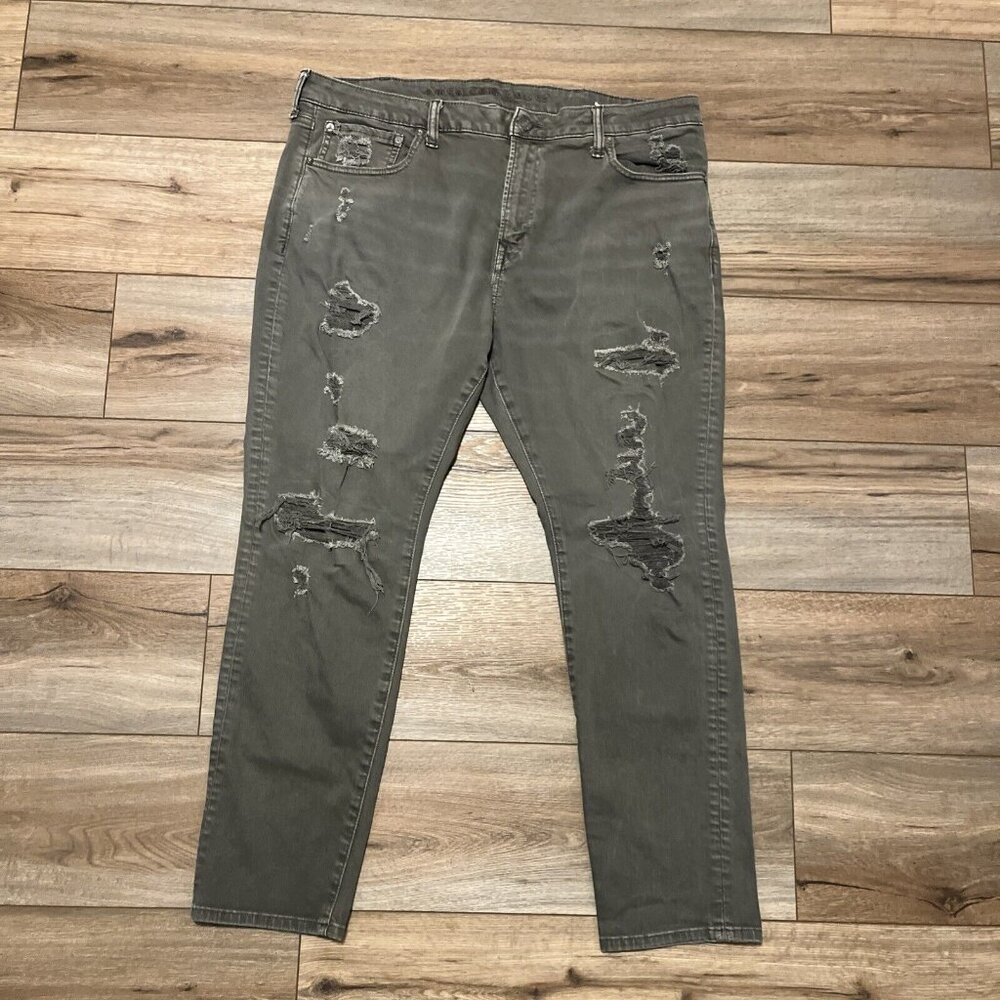 American Eagle AE Athletic Skinny Denim Jeans SZ 40x30 Olive Green Distressed